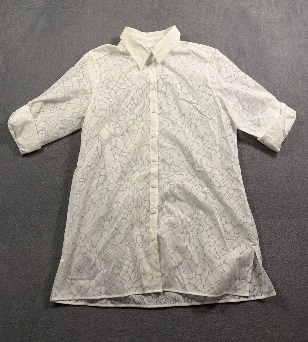 Foxcroft White Sheer Lace Geometric Button Up Tunic Shirt Roll‎ Tab Women's 10